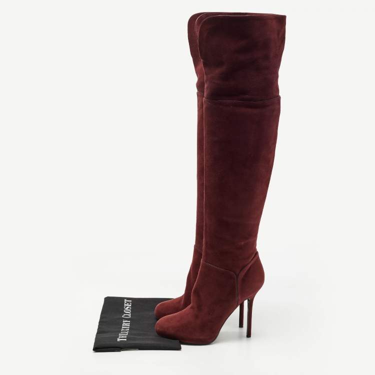 Pre Owned Sergio Rossi Burgundy Suede Zip Detail Knee Length Platform Boots Size 40.5 