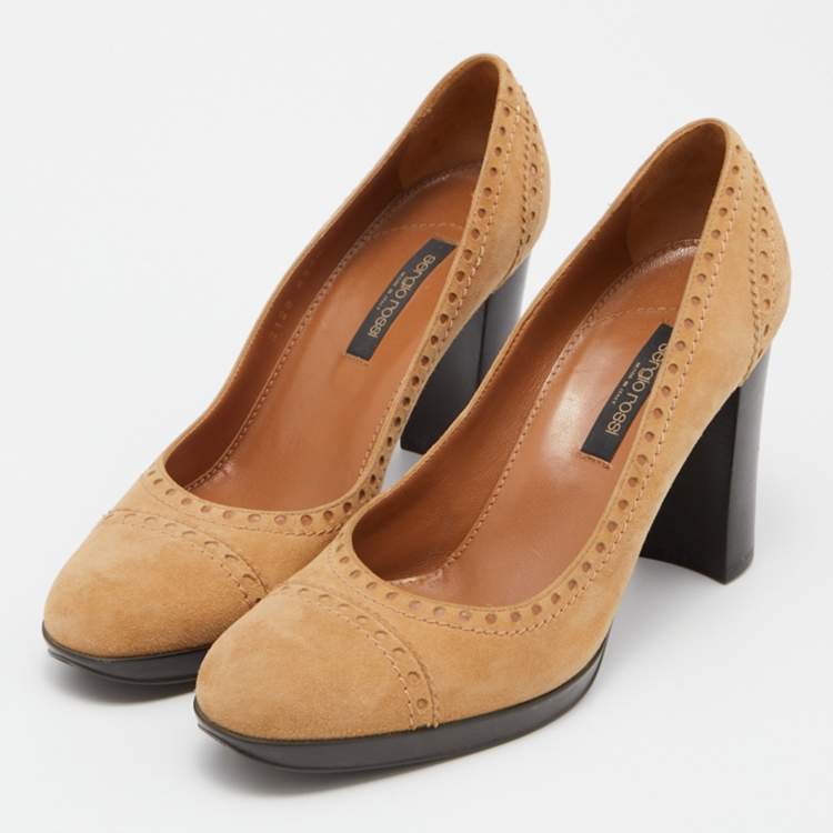 Pre Owned Sergio Rossi Tan Suede Platform Pumps Size 38.5