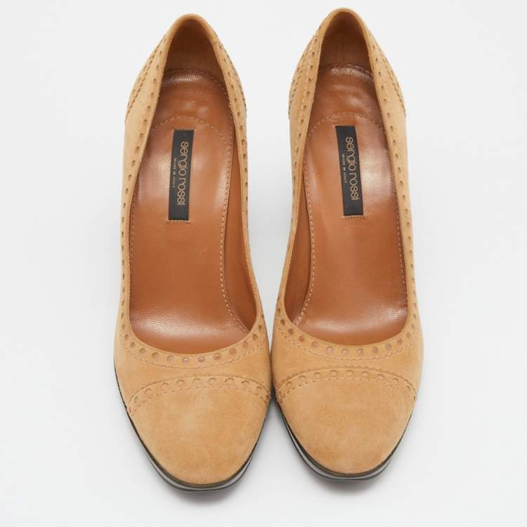 Pre Owned Sergio Rossi Tan Suede Platform Pumps Size 38.5