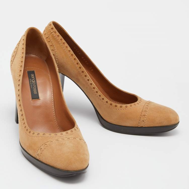Pre Owned Sergio Rossi Tan Suede Platform Pumps Size 38.5