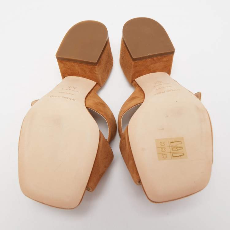 Pre Owned Sergio Rossi Tan Suede Cross Strap Buckle Detail Slide Sandals Size 36.5