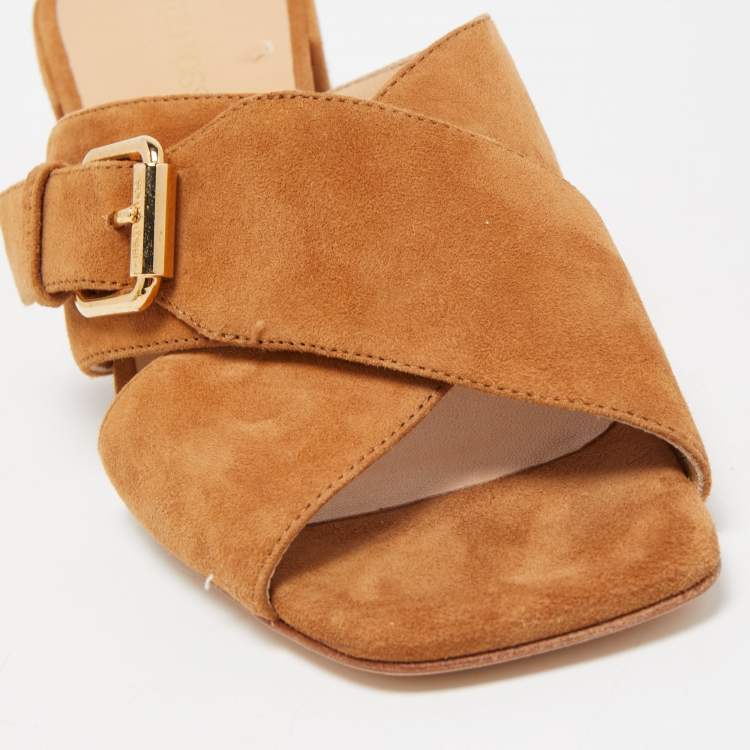 Pre Owned Sergio Rossi Tan Suede Cross Strap Buckle Detail Slide Sandals Size 36.5