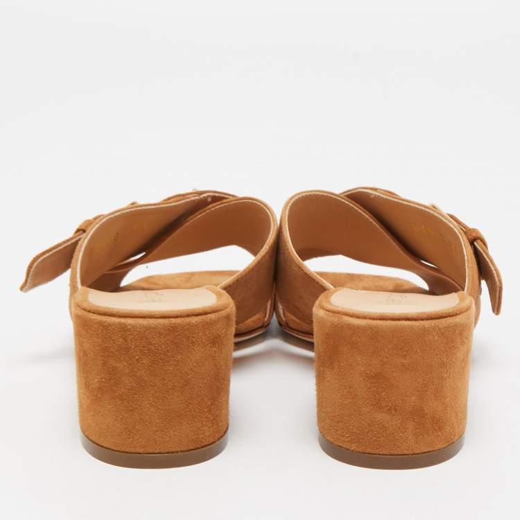 Pre Owned Sergio Rossi Tan Suede Cross Strap Buckle Detail Slide Sandals Size 36.5