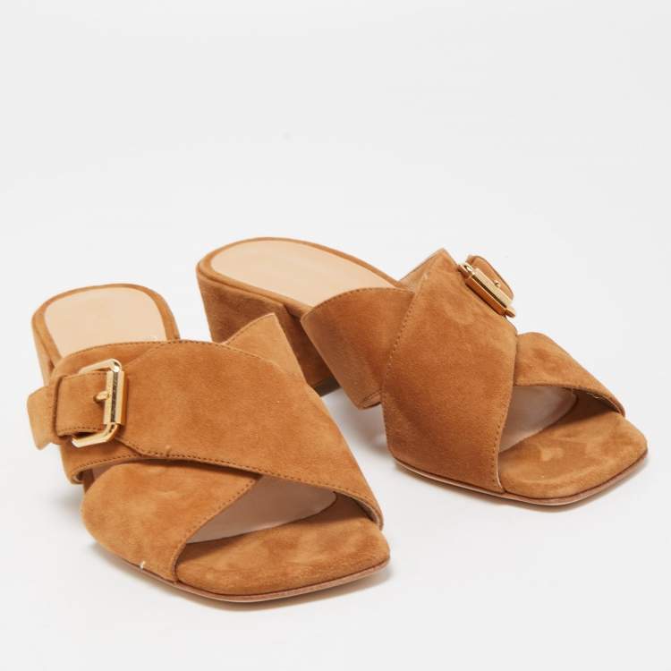 Pre Owned Sergio Rossi Tan Suede Cross Strap Buckle Detail Slide Sandals Size 36.5