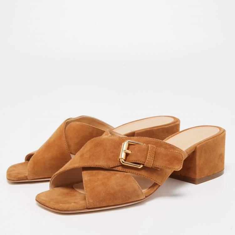 Pre Owned Sergio Rossi Tan Suede Cross Strap Buckle Detail Slide Sandals Size 36.5