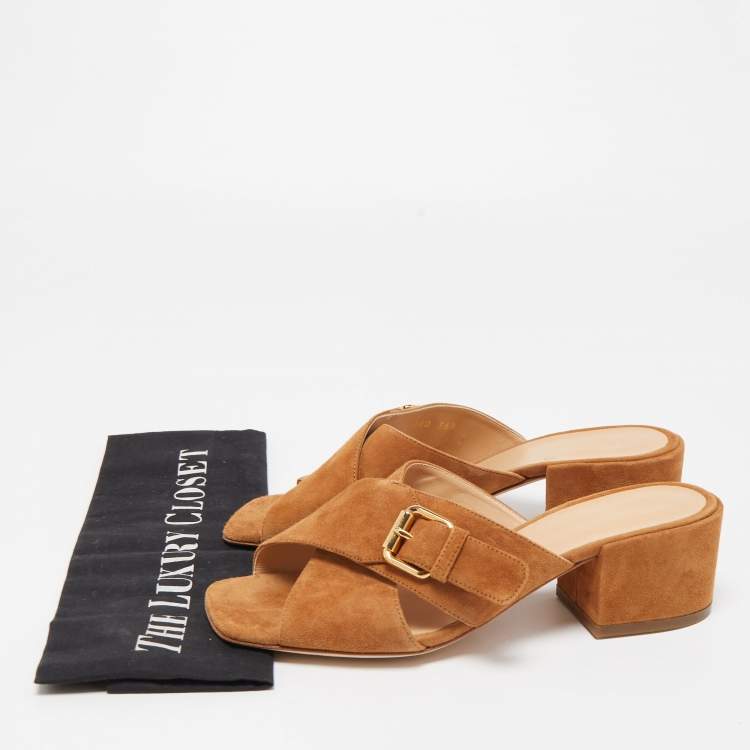 Pre Owned Sergio Rossi Tan Suede Cross Strap Buckle Detail Slide Sandals Size 36.5