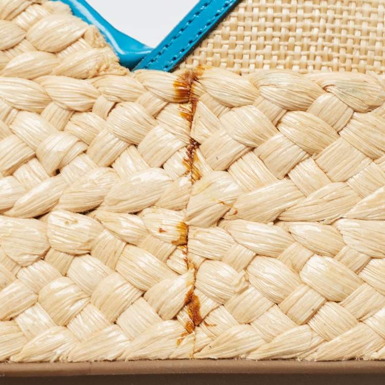 Pre Owned Sergio Rossi Blue/Beige Leather and Raffia Ankle Strap Espadrille Wedge Sandals Size 39.5
