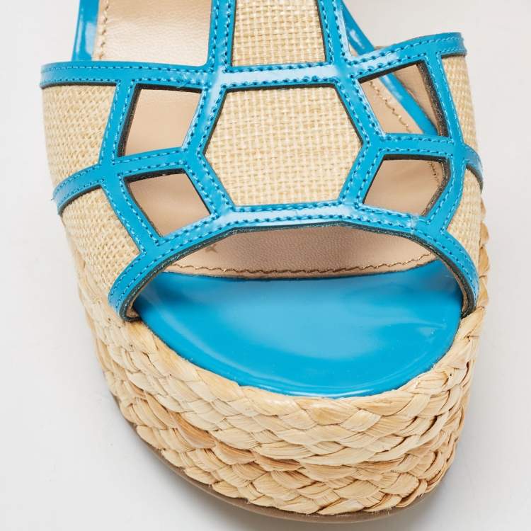 Pre Owned Sergio Rossi Blue/Beige Leather and Raffia Ankle Strap Espadrille Wedge Sandals Size 39.5