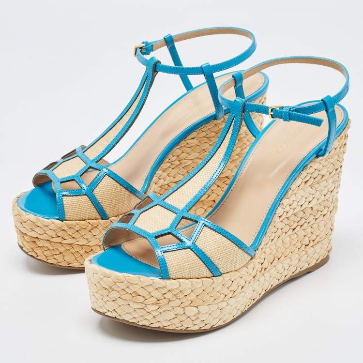 Sergio Rossi Blue/Beige Leather and Raffia Ankle Strap Espadrille 