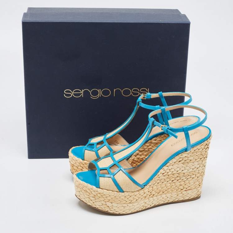 Pre Owned Sergio Rossi Blue/Beige Leather and Raffia Ankle Strap Espadrille Wedge Sandals Size 39.5
