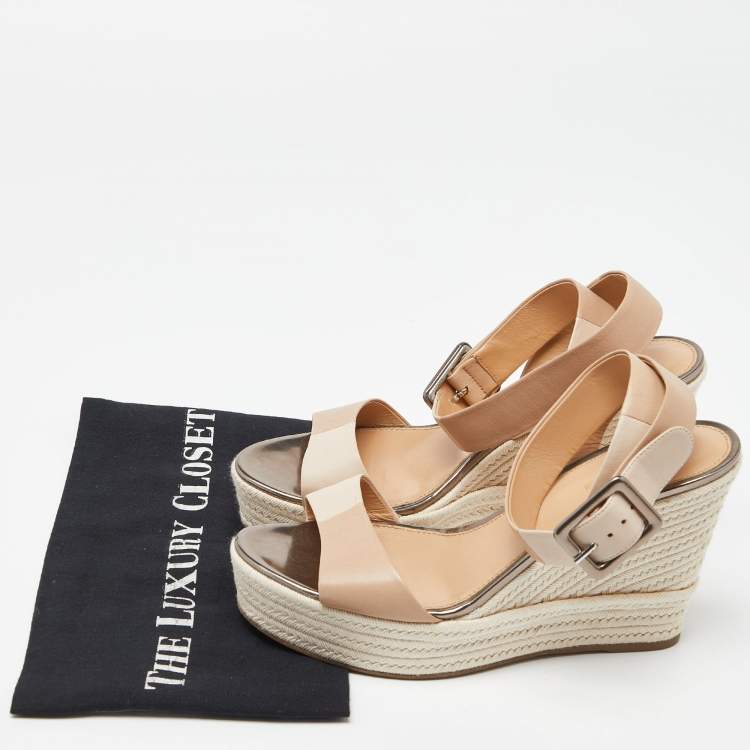 Pre Owned Sergio Rossi Two Tone Leather Espadrille Wedge Ankle Wrap Sandals Size 39