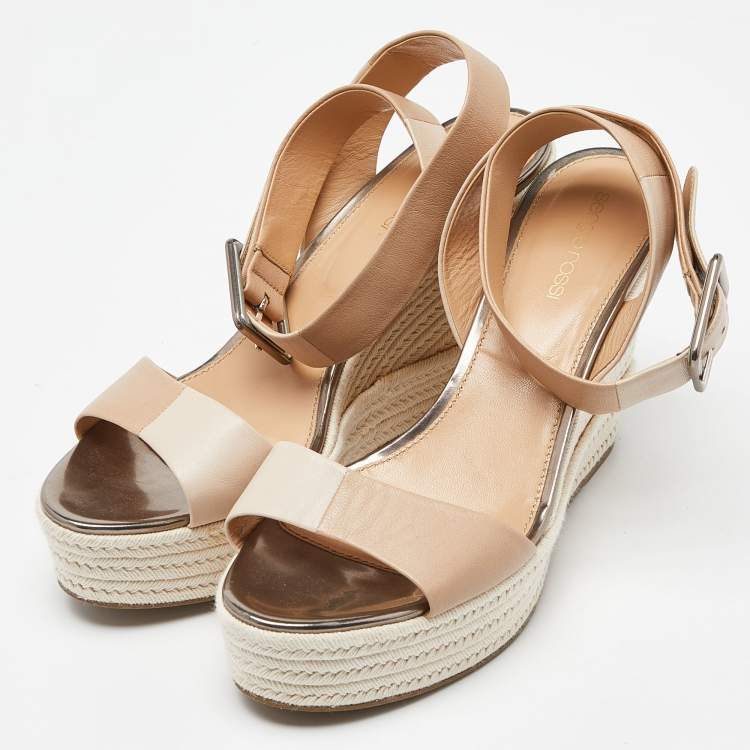 Pre Owned Sergio Rossi Two Tone Leather Espadrille Wedge Ankle Wrap Sandals Size 39