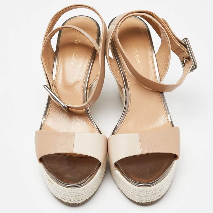 Pre Owned Sergio Rossi Two Tone Leather Espadrille Wedge Ankle Wrap Sandals Size 39