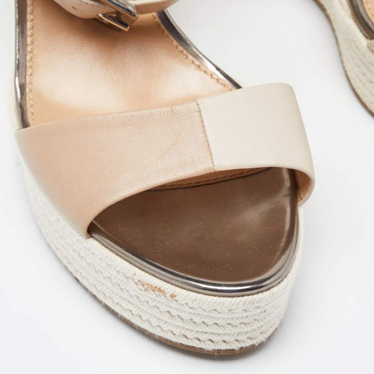 Pre Owned Sergio Rossi Two Tone Leather Espadrille Wedge Ankle Wrap Sandals Size 39