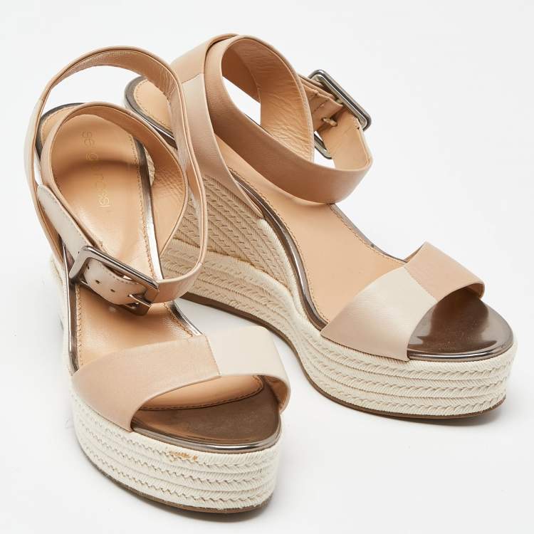 Pre Owned Sergio Rossi Two Tone Leather Espadrille Wedge Ankle Wrap Sandals Size 39