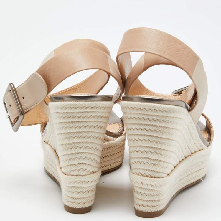 Pre Owned Sergio Rossi Two Tone Leather Espadrille Wedge Ankle Wrap Sandals Size 39