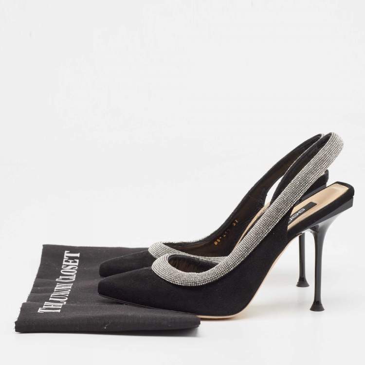 Pre Owned Sergio Rossi Black Suede Crystal Embellished Slingback Pumps Size 37
