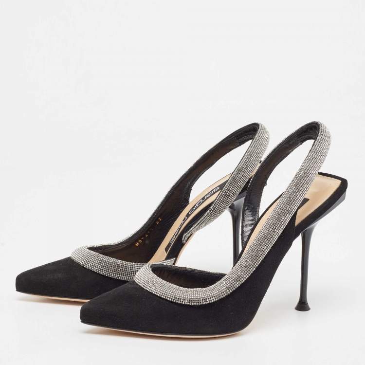 Pre Owned Sergio Rossi Black Suede Crystal Embellished Slingback Pumps Size 37
