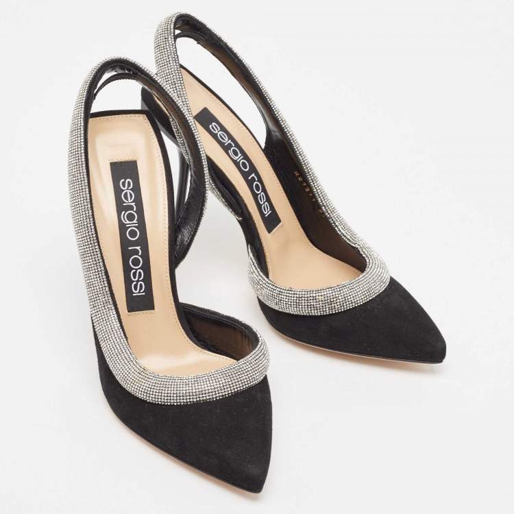 Pre Owned Sergio Rossi Black Suede Crystal Embellished Slingback Pumps Size 37