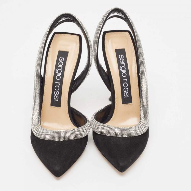 Pre Owned Sergio Rossi Black Suede Crystal Embellished Slingback Pumps Size 37