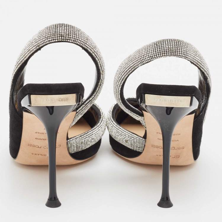 Pre Owned Sergio Rossi Black Suede Crystal Embellished Slingback Pumps Size 37