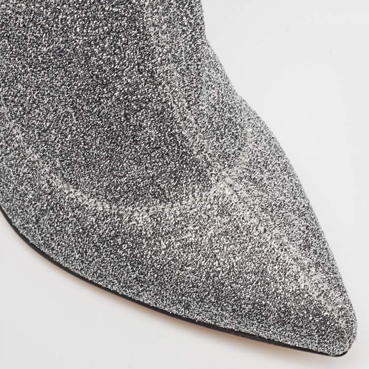 Pre Owned Sergio Rossi Silver Knit Fabric Sock Ankle Boots Size 36