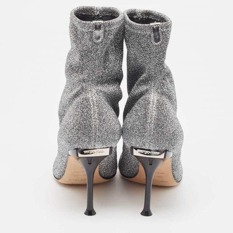 Pre Owned Sergio Rossi Silver Knit Fabric Sock Ankle Boots Size 36