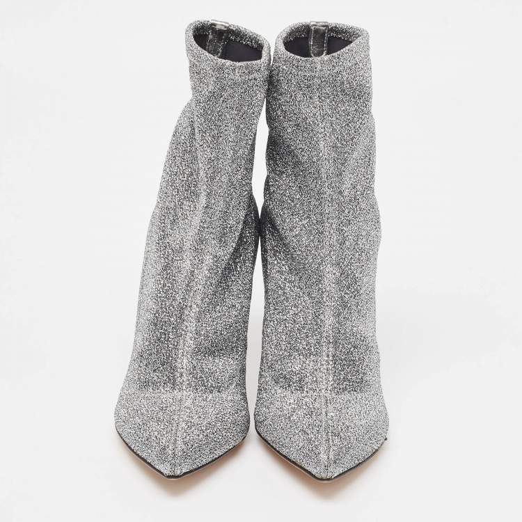 Pre Owned Sergio Rossi Silver Knit Fabric Sock Ankle Boots Size 36