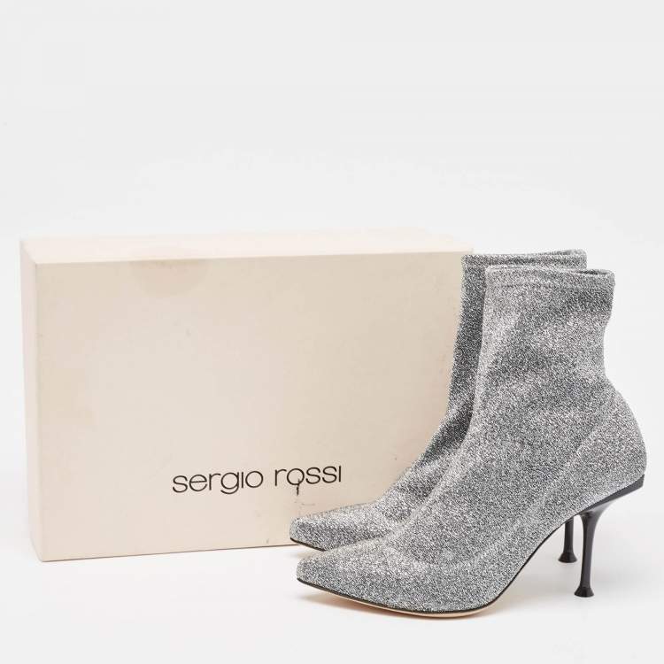 Pre Owned Sergio Rossi Silver Knit Fabric Sock Ankle Boots Size 36