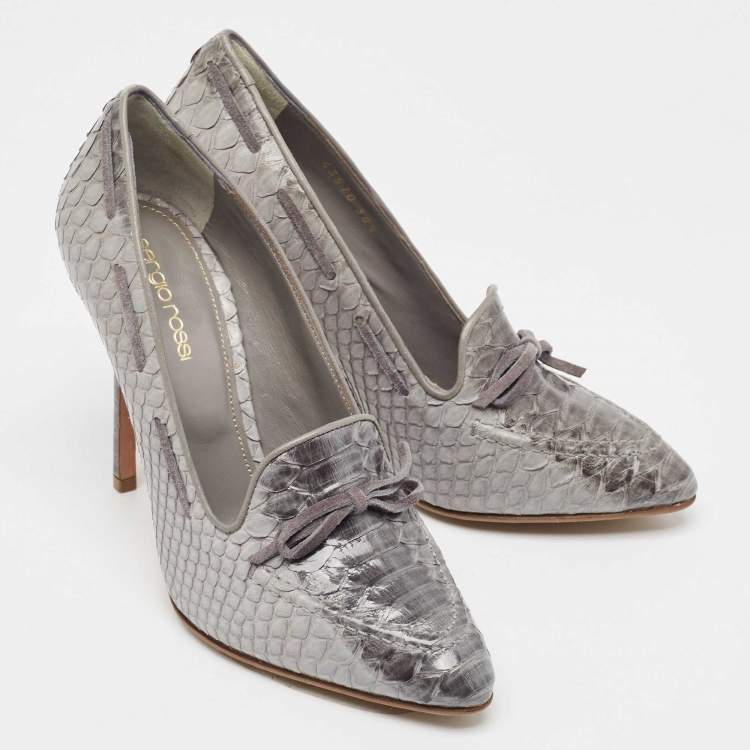 Pre Owned Sergio Rossi Grey Python Bow Loafer Pumps Size 38.5