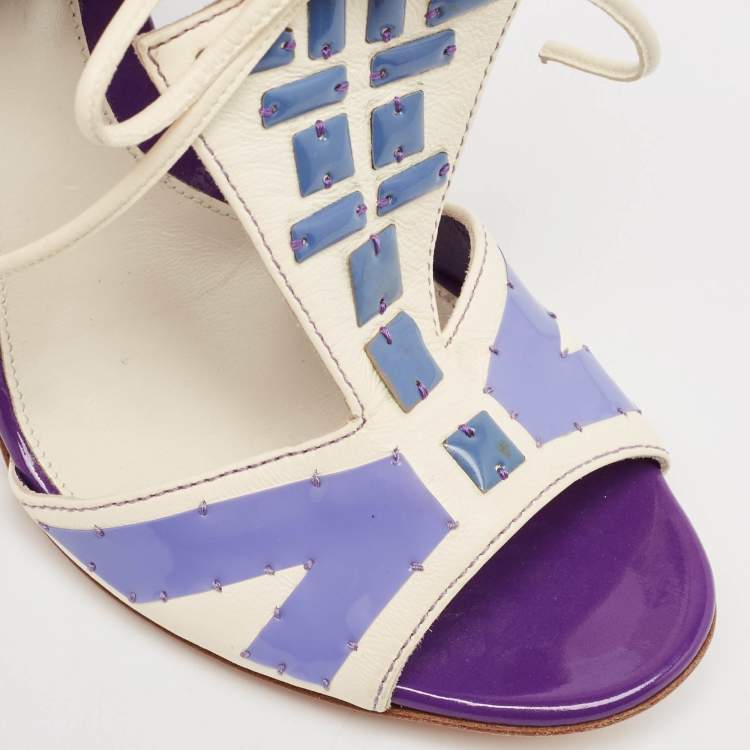 Pre Owned Sergio Rossi White Leather With Purple Cut Out Detail Peep Toe Sandals Size 36.5