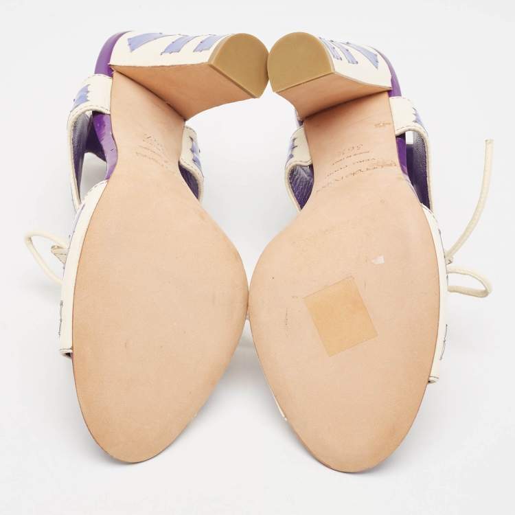 Pre Owned Sergio Rossi White Leather With Purple Cut Out Detail Peep Toe Sandals Size 36.5