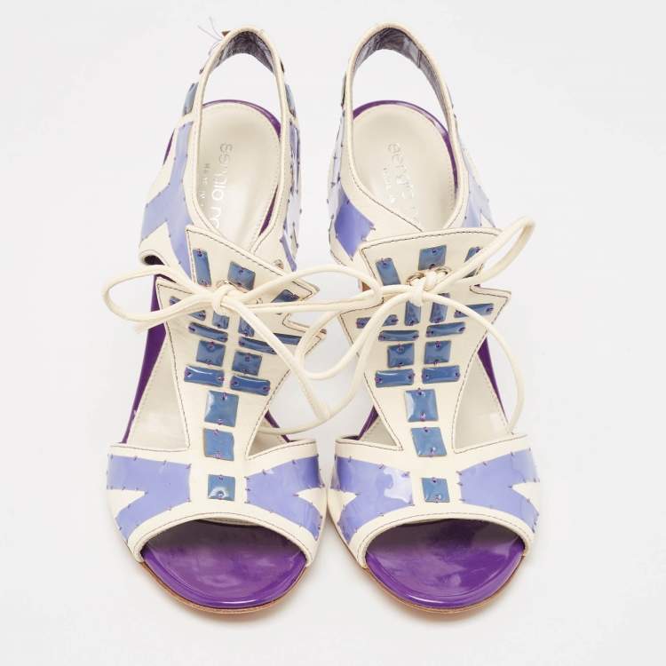 Pre Owned Sergio Rossi White Leather With Purple Cut Out Detail Peep Toe Sandals Size 36.5