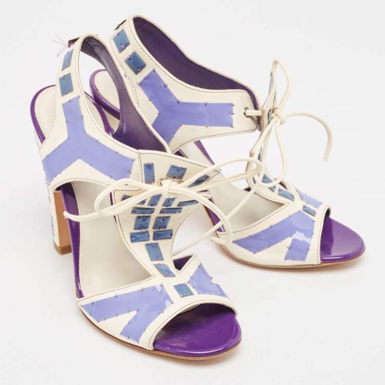 Pre Owned Sergio Rossi White Leather With Purple Cut Out Detail Peep Toe Sandals Size 36.5