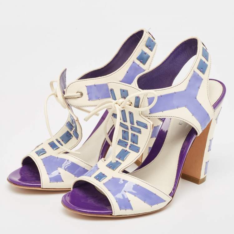 Pre Owned Sergio Rossi White Leather With Purple Cut Out Detail Peep Toe Sandals Size 36.5