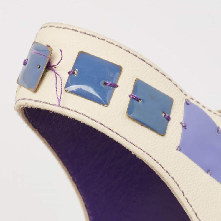 Pre Owned Sergio Rossi White Leather With Purple Cut Out Detail Peep Toe Sandals Size 36.5