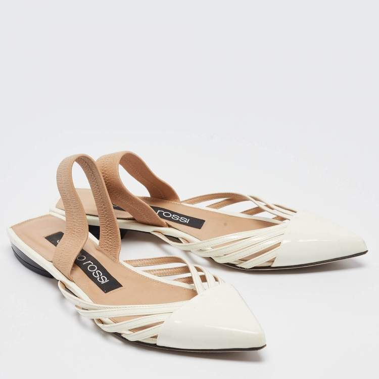 Pre Owned Sergio Rossi White Patent Leather Slingback Flats Size 36.5