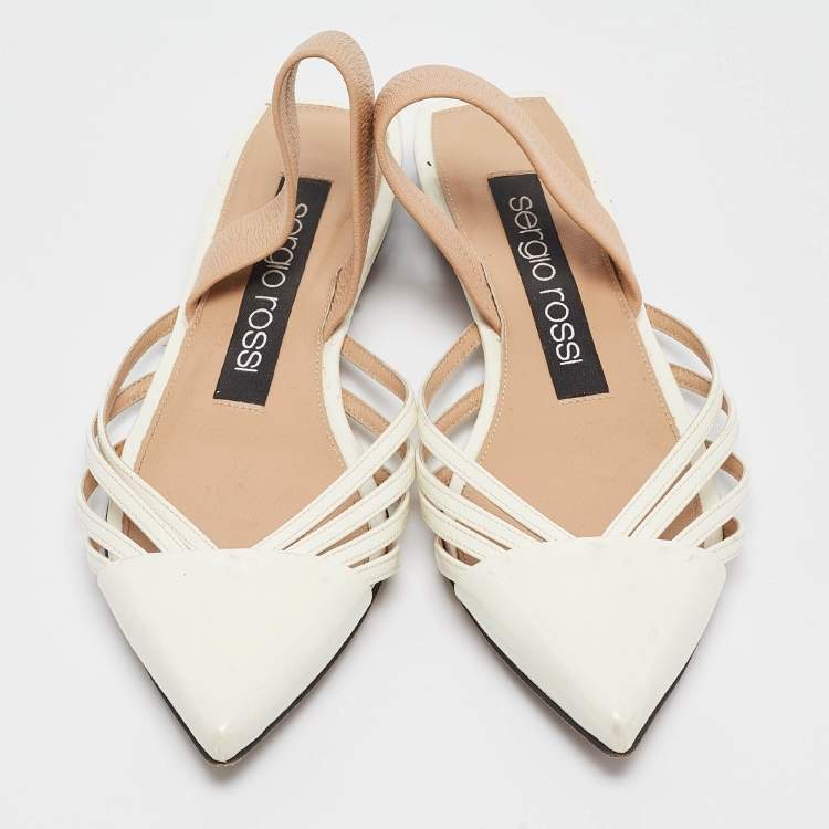 Pre Owned Sergio Rossi White Patent Leather Slingback Flats Size 36.5
