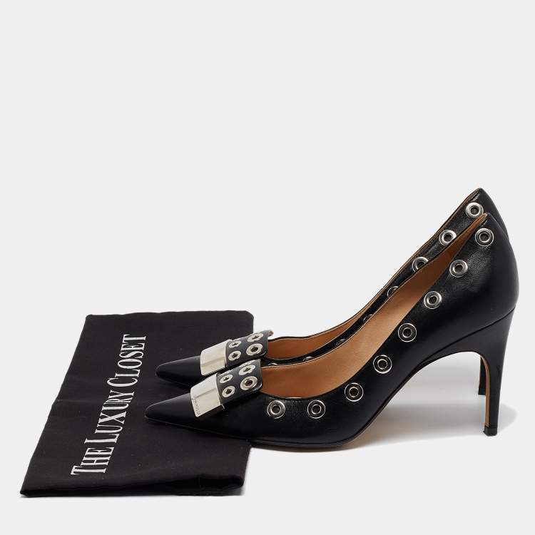 Pre Owned Sergio Rossi Black Leather Eyelet Detail Pumps Size 37.5