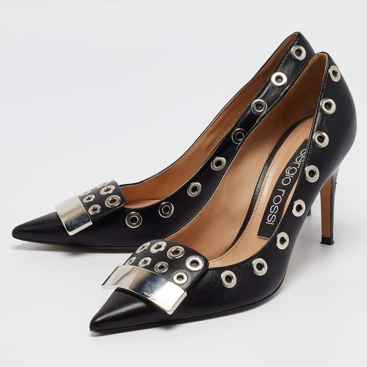 Pre Owned Sergio Rossi Black Leather Eyelet Detail Pumps Size 37.5