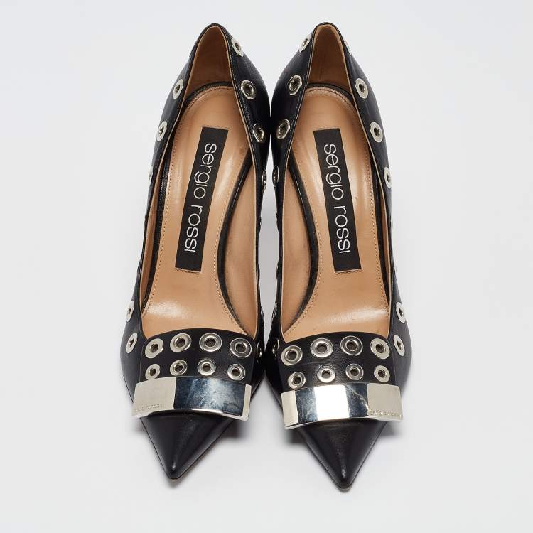 Pre Owned Sergio Rossi Black Leather Eyelet Detail Pumps Size 37.5