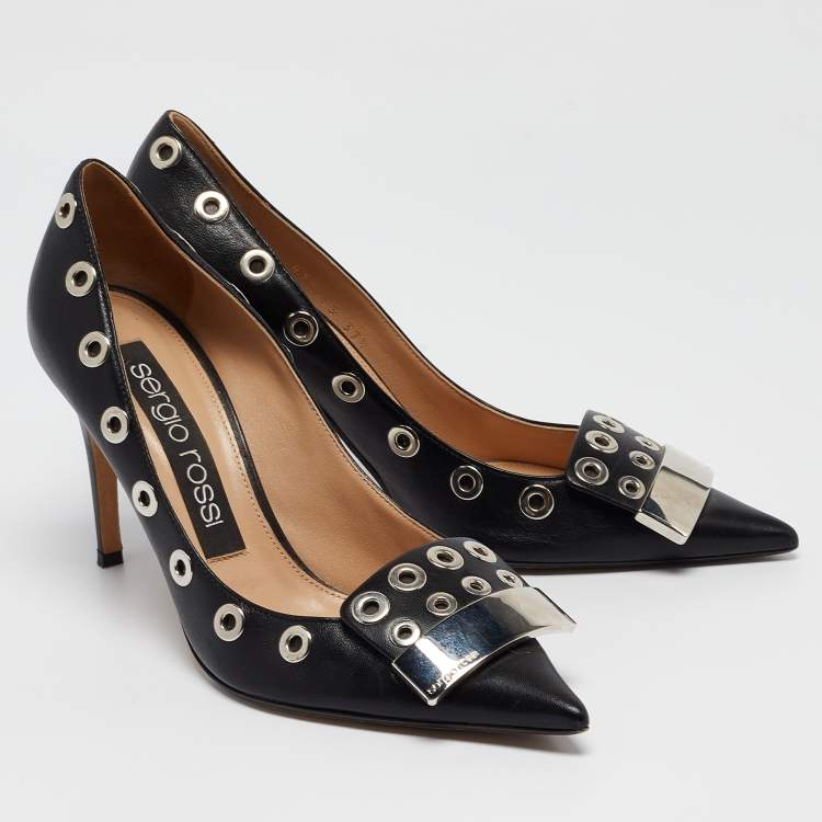 Pre Owned Sergio Rossi Black Leather Eyelet Detail Pumps Size 37.5
