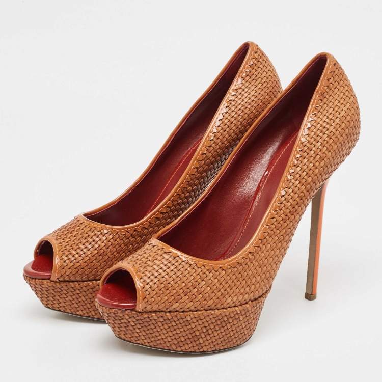 Pre Owned Sergio Rossi Brown Woven Leather Peep Toe Pumps Size 41