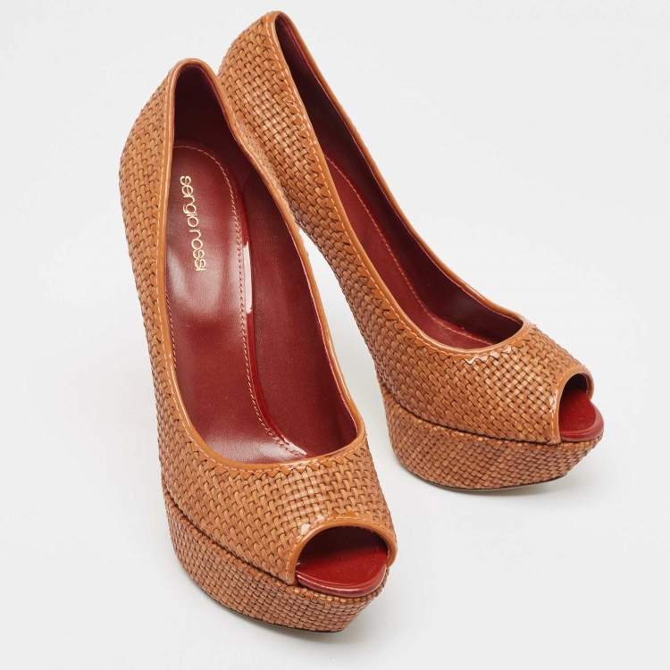 Pre Owned Sergio Rossi Brown Woven Leather Peep Toe Pumps Size 41
