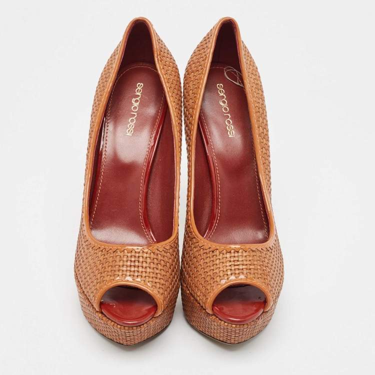 Pre Owned Sergio Rossi Brown Woven Leather Peep Toe Pumps Size 41
