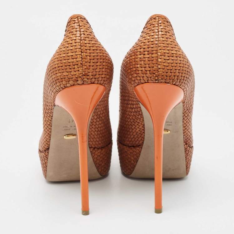 Pre Owned Sergio Rossi Brown Woven Leather Peep Toe Pumps Size 41