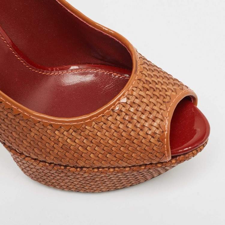 Pre Owned Sergio Rossi Brown Woven Leather Peep Toe Pumps Size 41