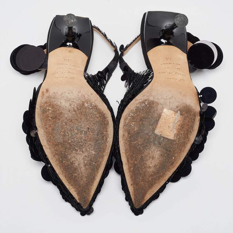 Pre Owned Sergio Rossi Black Satin and Sequin Slingback Pumps Size 36