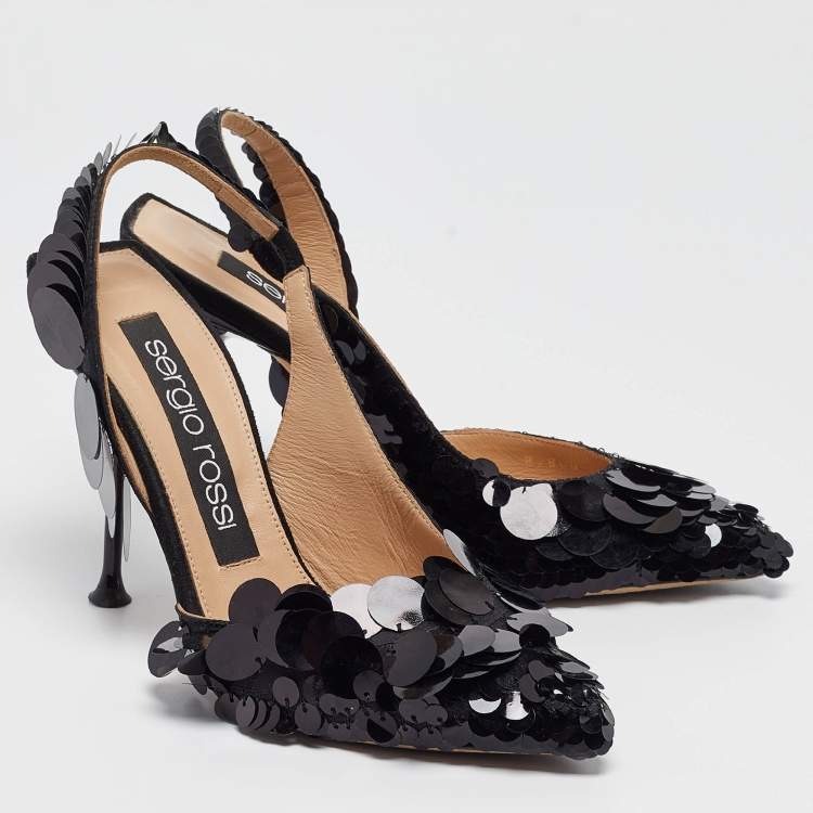 Pre Owned Sergio Rossi Black Satin and Sequin Slingback Pumps Size 36