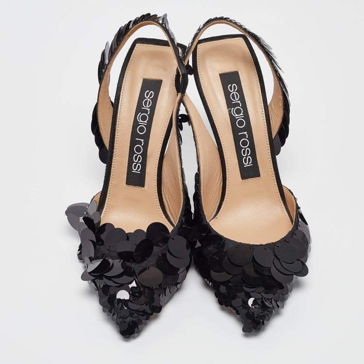 Pre Owned Sergio Rossi Black Satin and Sequin Slingback Pumps Size 36